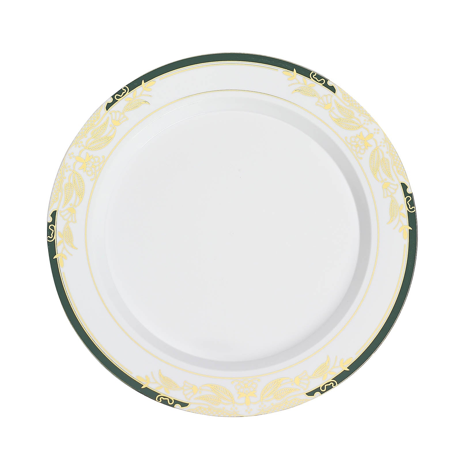 10 Pack | 10inch White With Hunter Emerald Green Rim Plastic Dinner Plates With Gold Vine Design