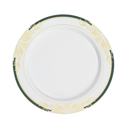 10 Pack | 10inch White With Hunter Emerald Green Rim Plastic Dinner Plates With Gold Vine Design