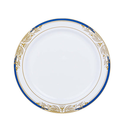 10 Pack | White With Royal Blue Rim 8inch Plastic Appetizer Salad Plates, Round Gold Vine Design