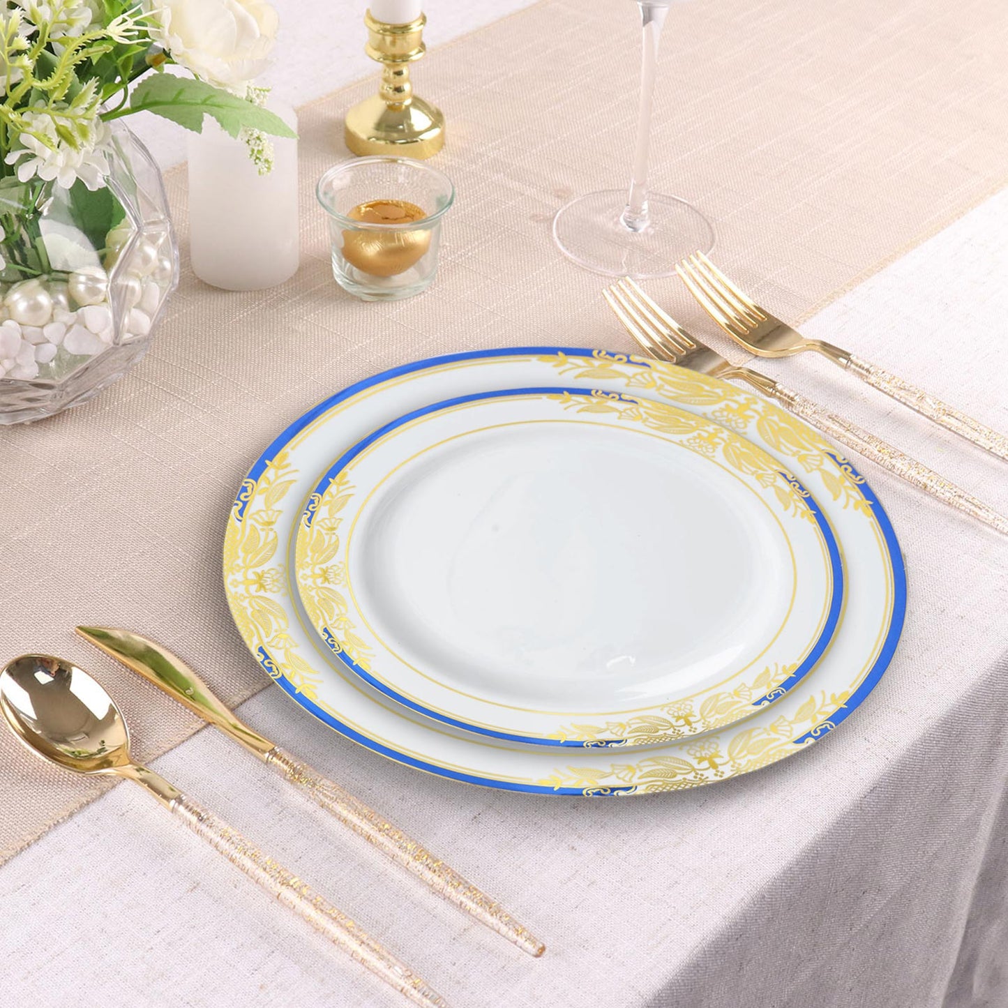 10 Pack | White With Royal Blue Rim 8inch Plastic Appetizer Salad Plates, Round Gold Vine Design