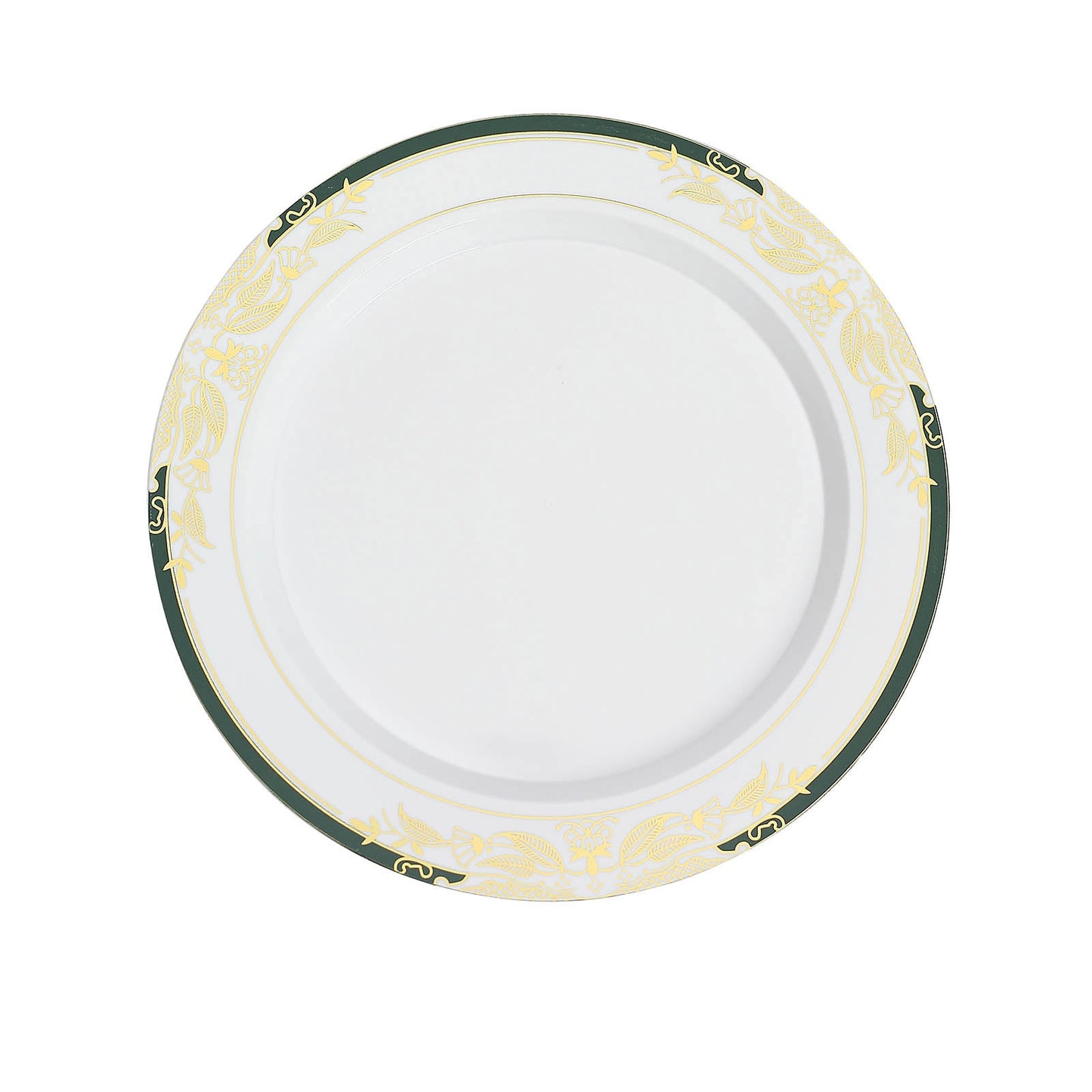 8" white appetizer plate with hunter emerald green rim and gold vine design.