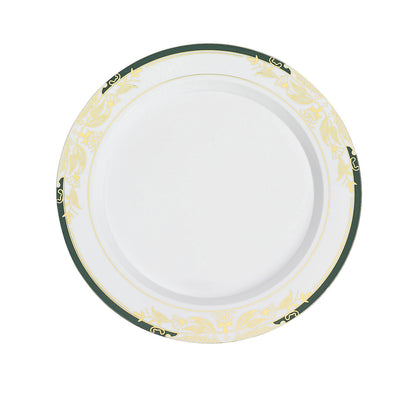 8" white appetizer plate with hunter emerald green rim and gold vine design.