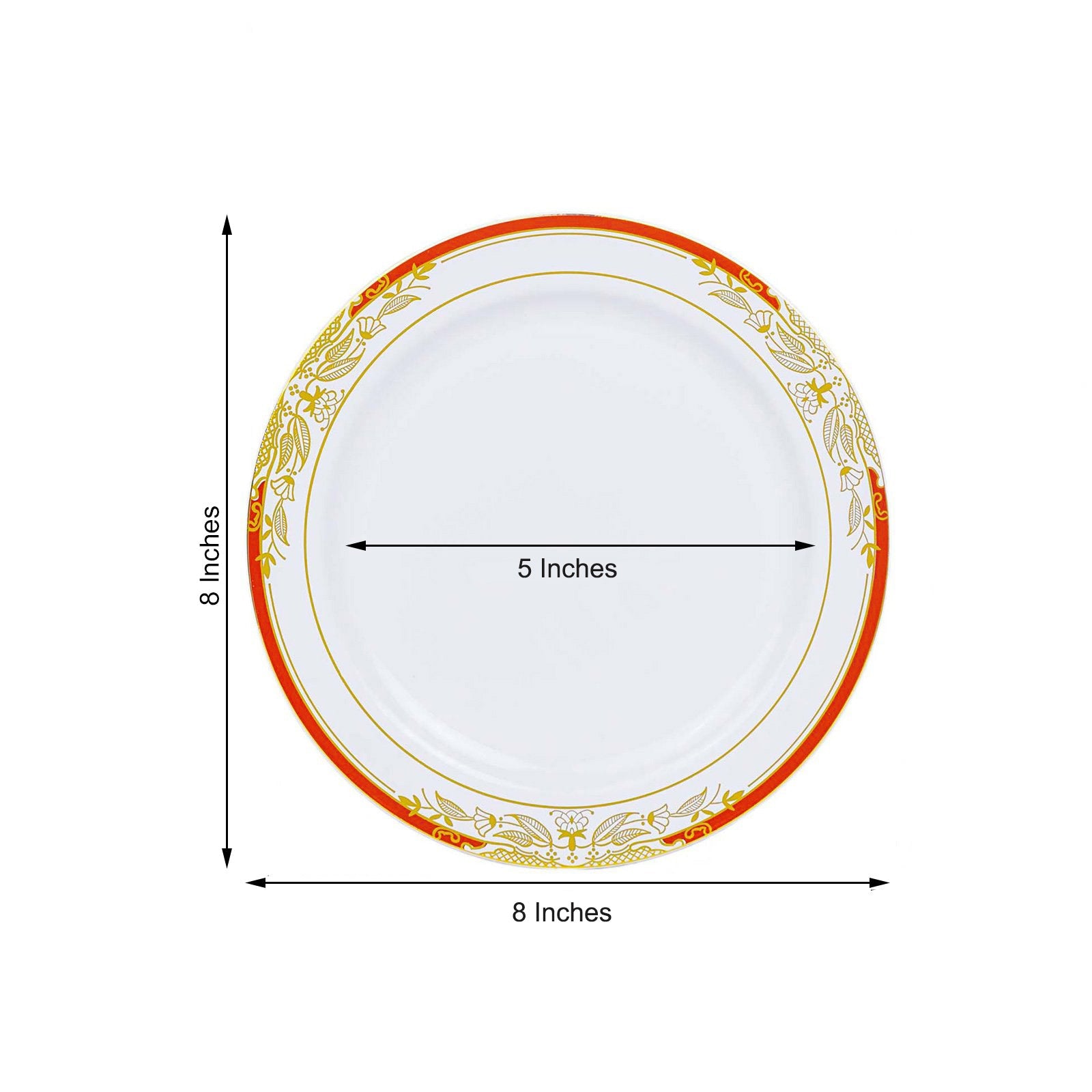 White with red rim 8" plastic appetizer salad plate with gold vine design.