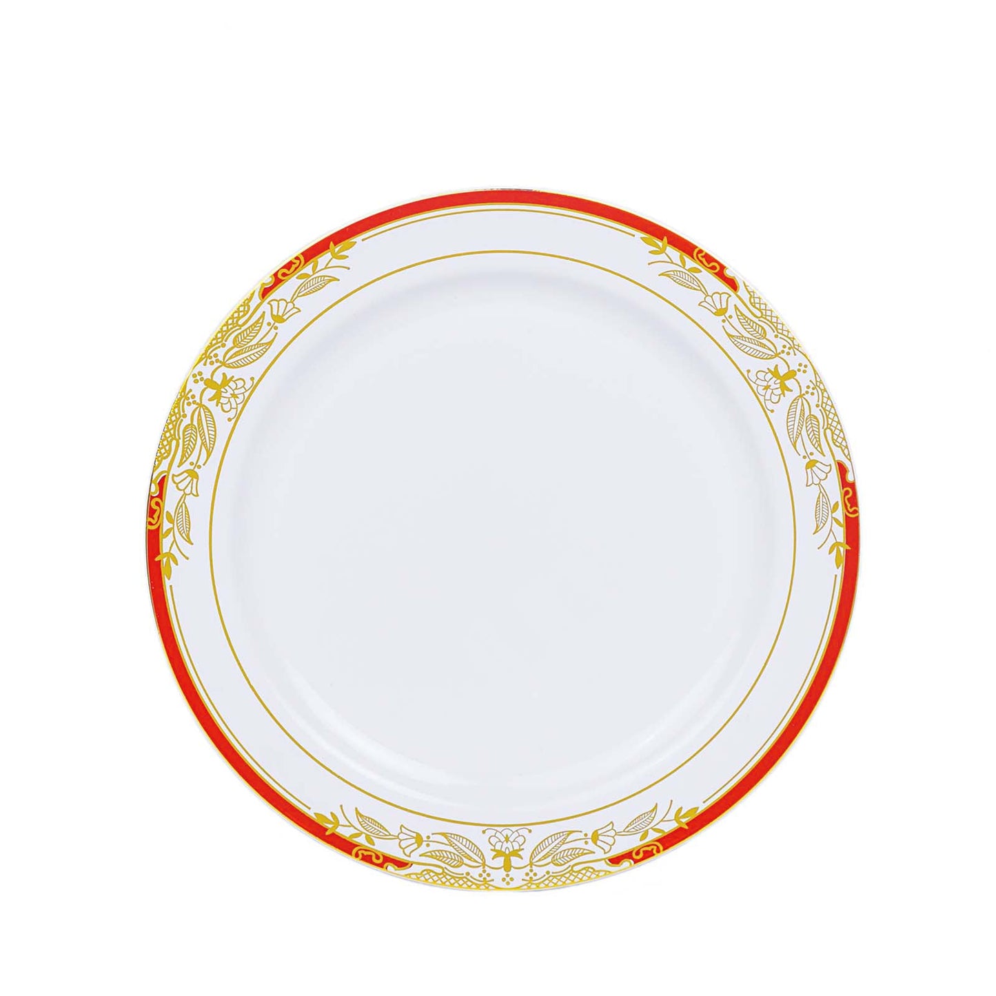White appetizer plate with red rim and gold vine design.