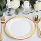 White plate with red rim and gold vine design, perfect for appetizers and salads.