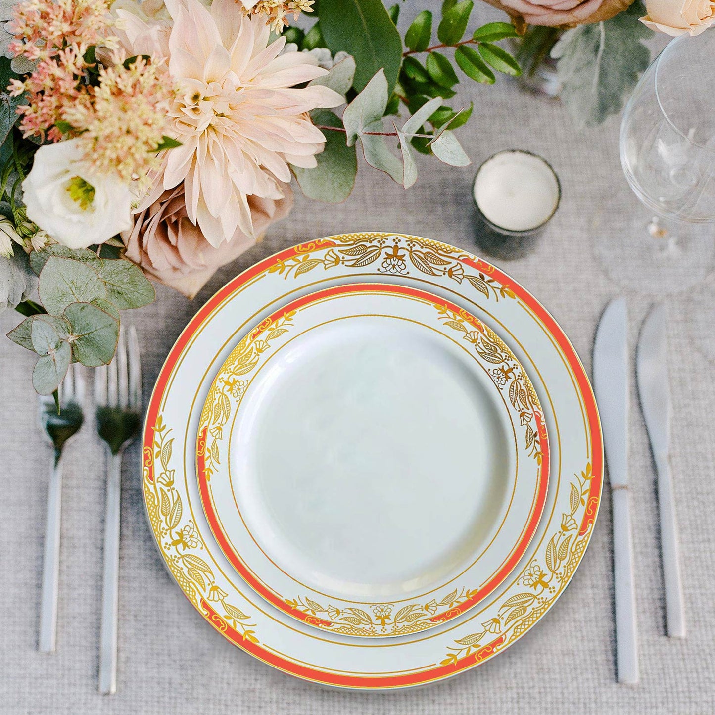 White with red rim plastic appetizer plate with gold vine design.