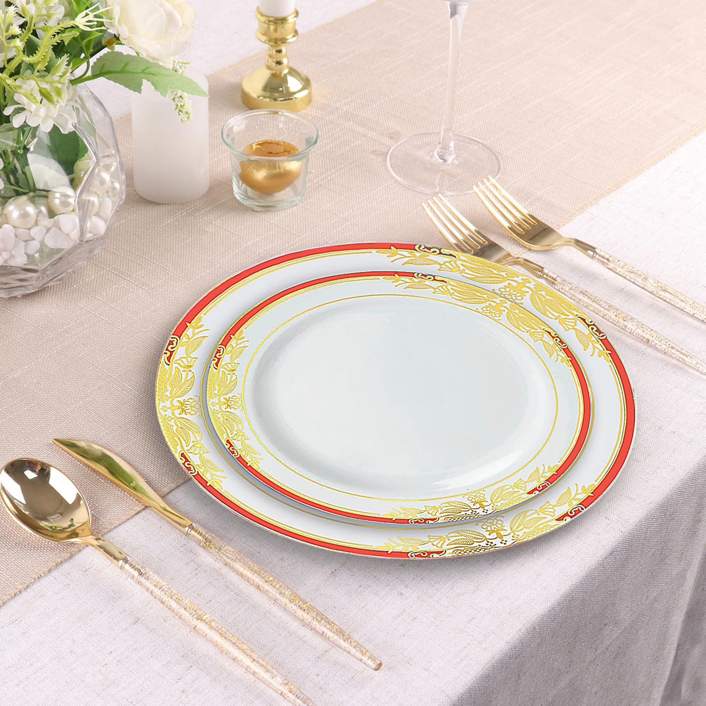 White with red rim plastic appetizer salad plate with gold vine design.