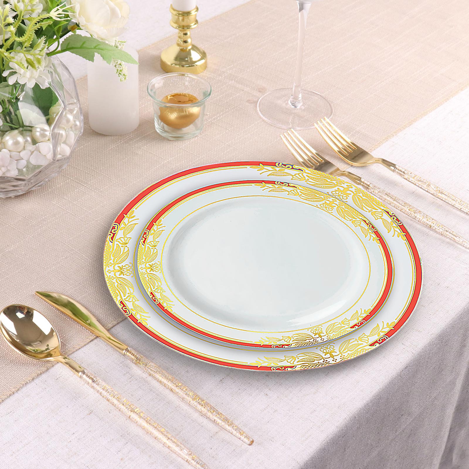 White with red rim plastic appetizer salad plate with gold vine design.