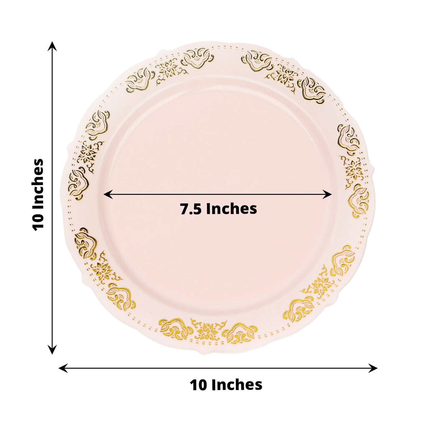 Gold embossed blush plastic dinner plate with scalloped edges.