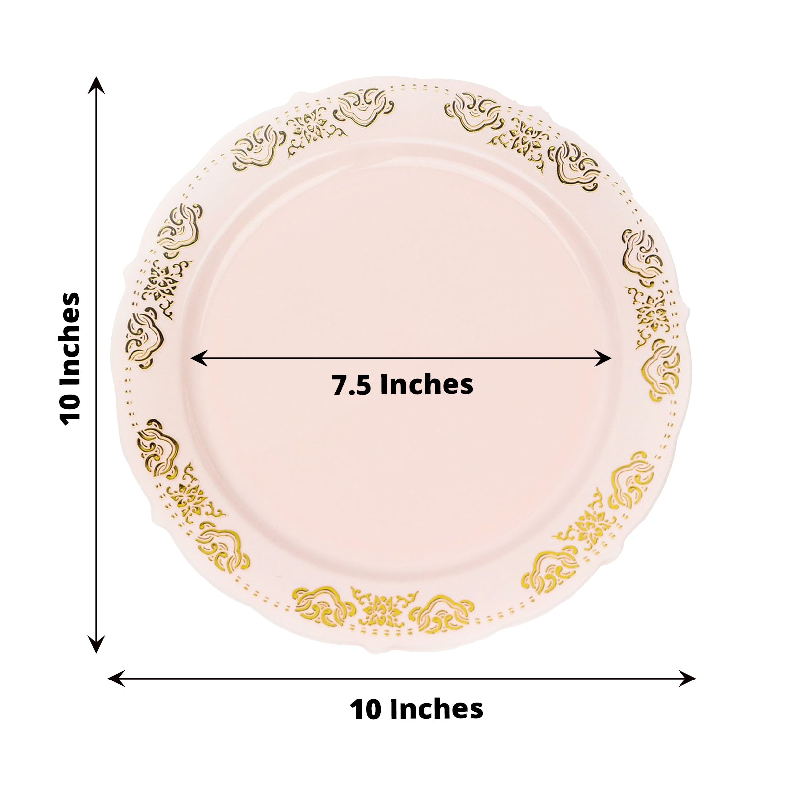 Gold embossed blush plastic dinner plate with scalloped edges.