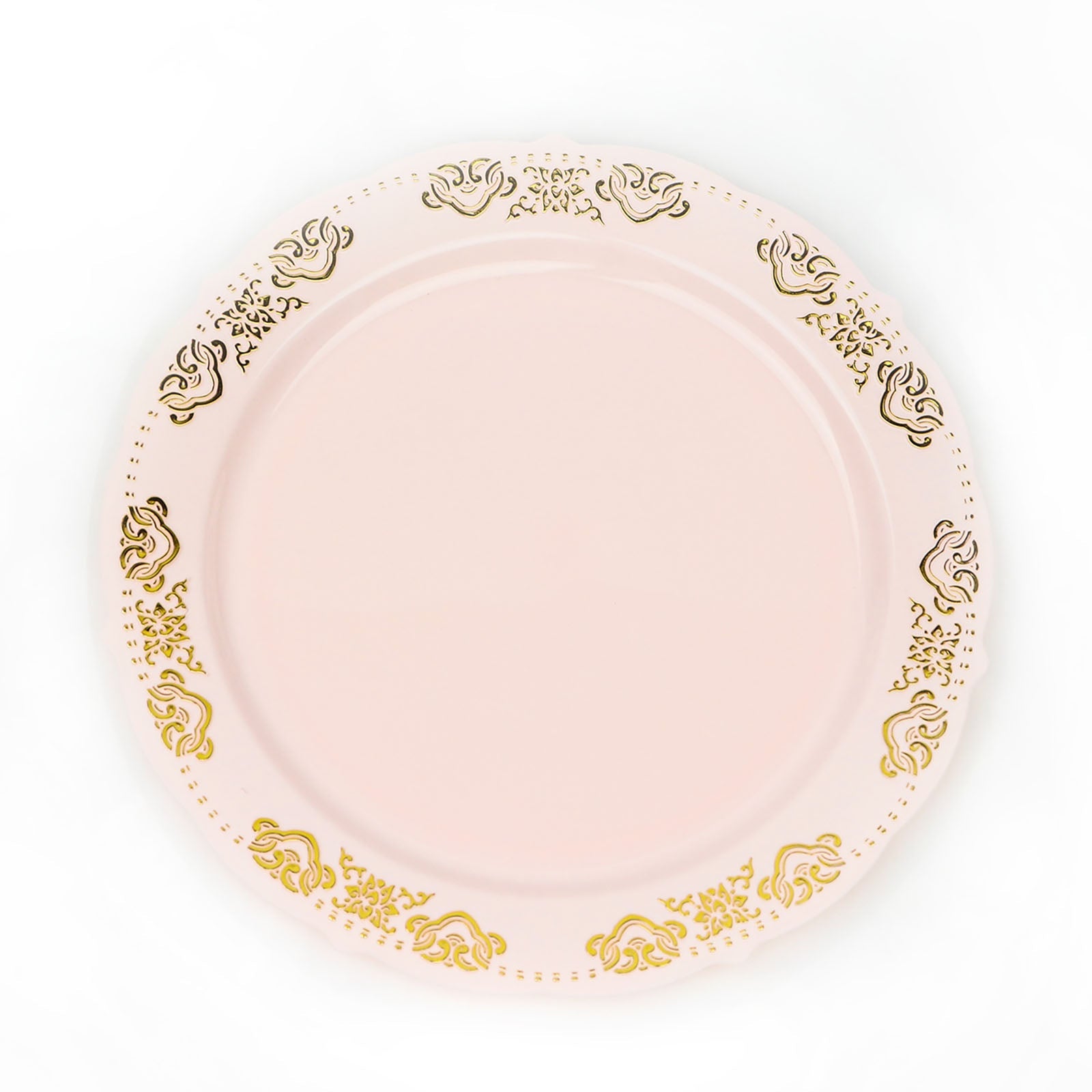 Gold embossed blush plastic dinner plate with scalloped edges.
