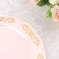 Gold embossed round blush plastic dinner plate with scalloped edges.