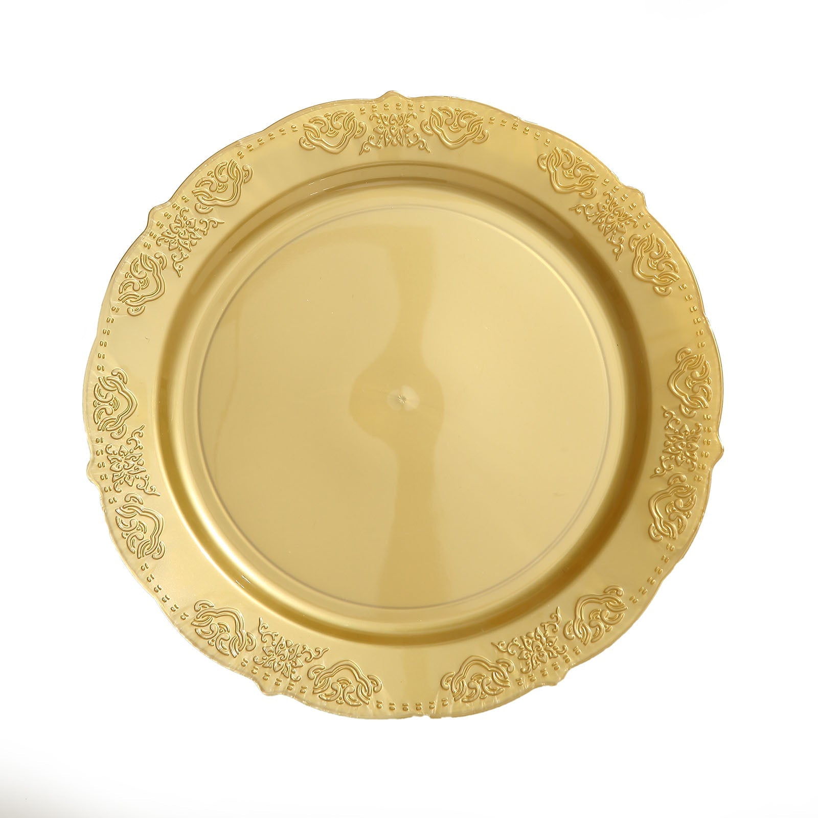 10" gold embossed round dinner plate with scalloped edges.