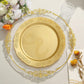 Gold embossed hard plastic round dinner plate with scalloped edges.
