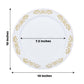 Gold embossed plastic dinner plate with scalloped edges, 10 inches in diameter.