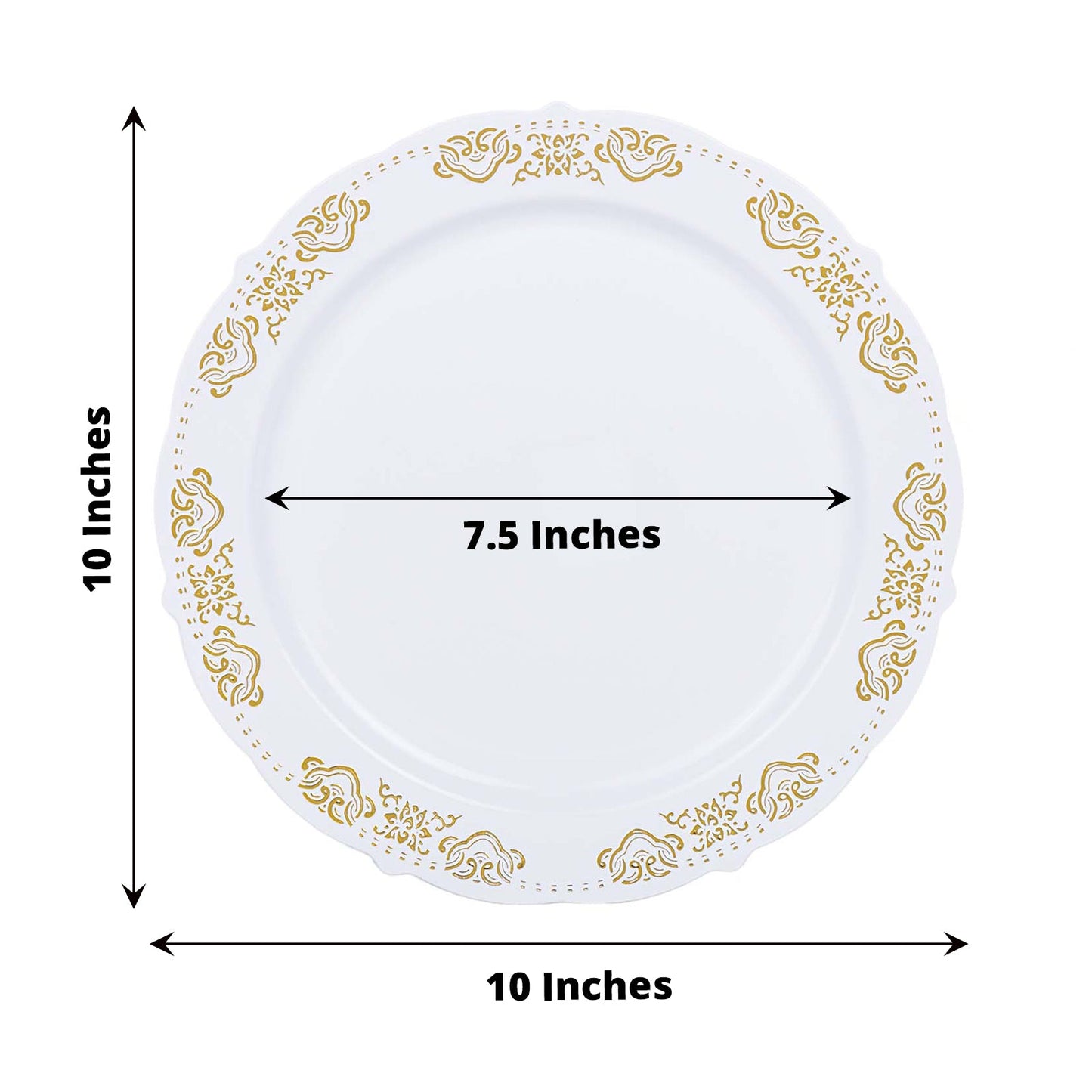 Gold embossed plastic dinner plate with scalloped edges, 10 inches in diameter.