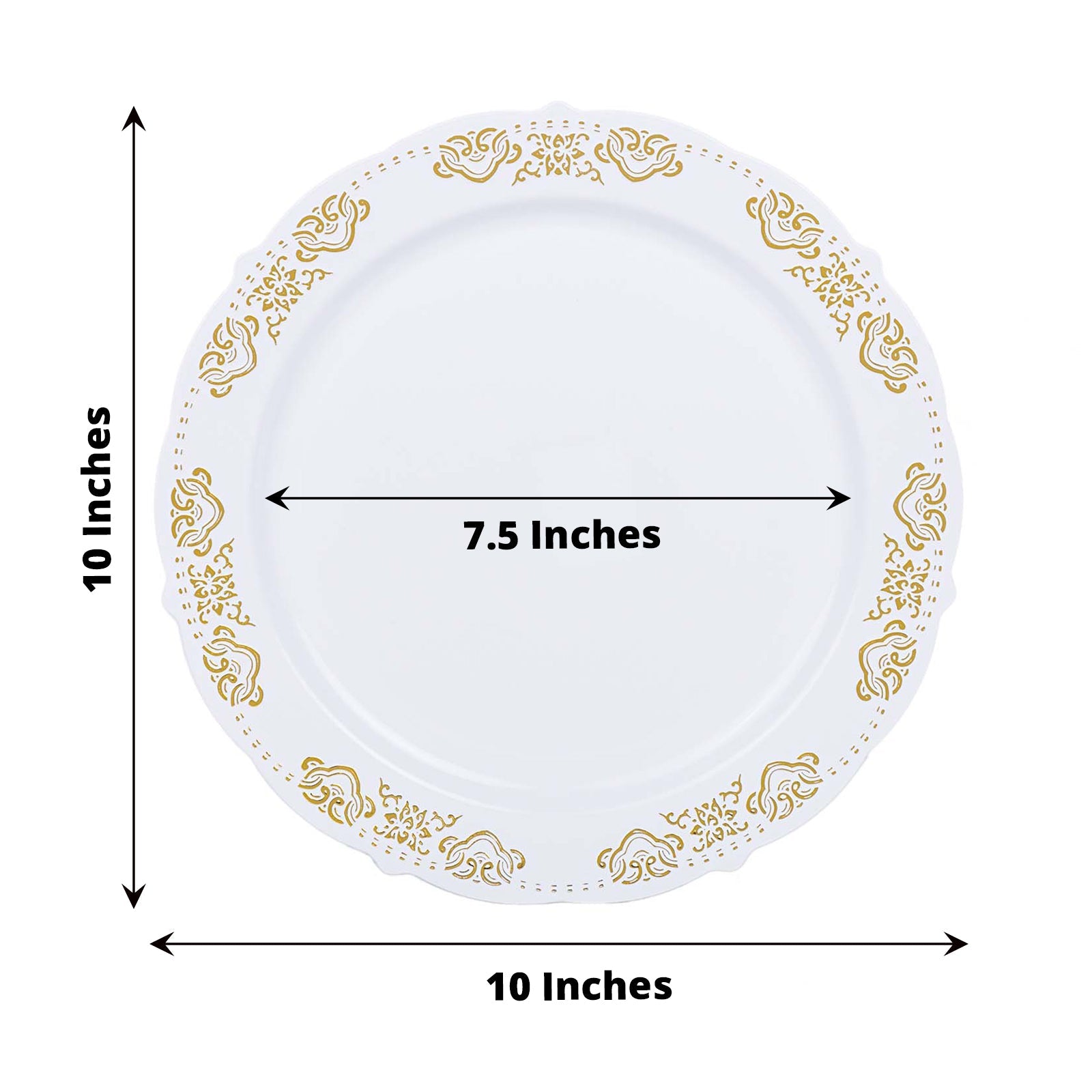 Gold embossed plastic dinner plate with scalloped edges, 10 inches in diameter.