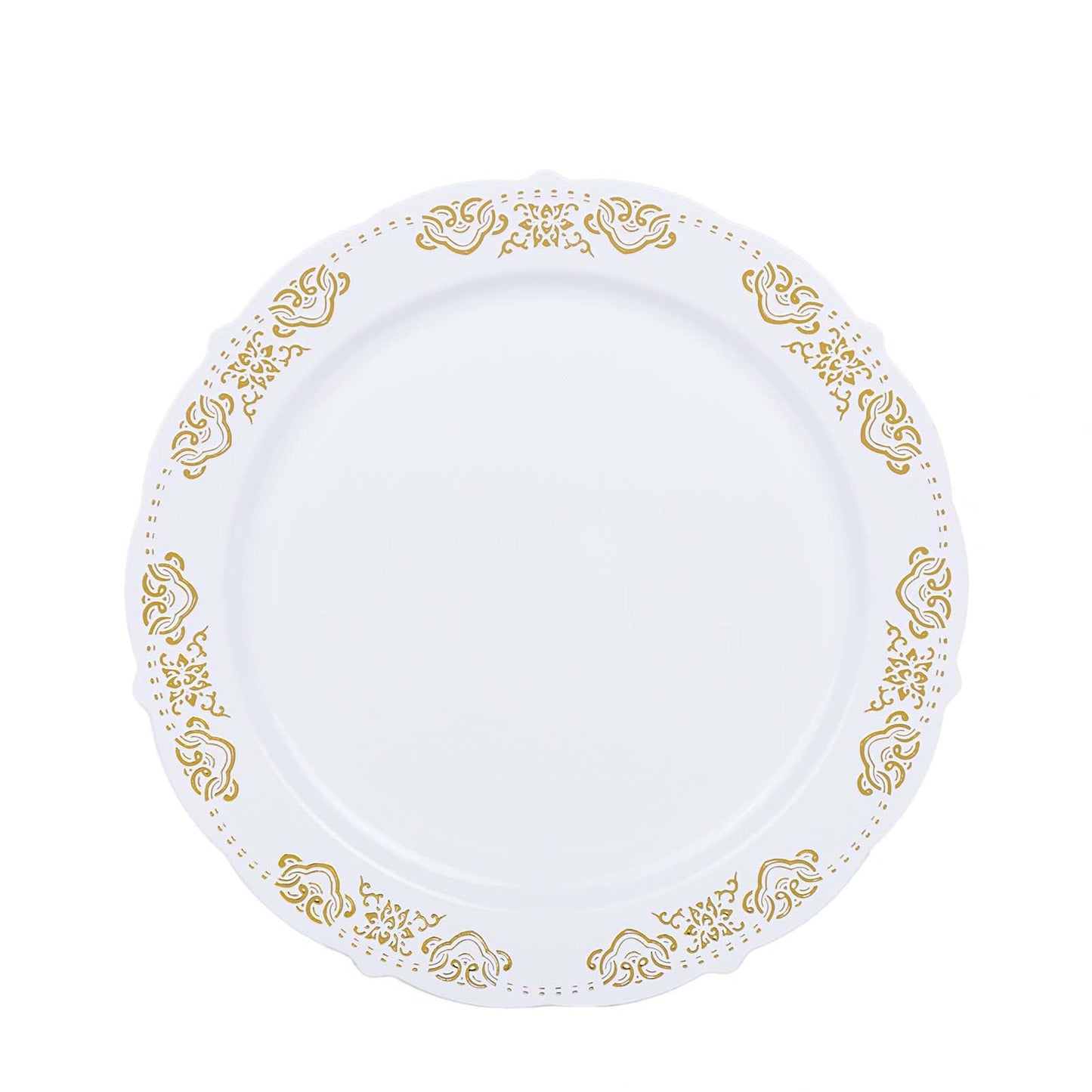 Gold embossed round plastic dinner plate with scalloped edges.
