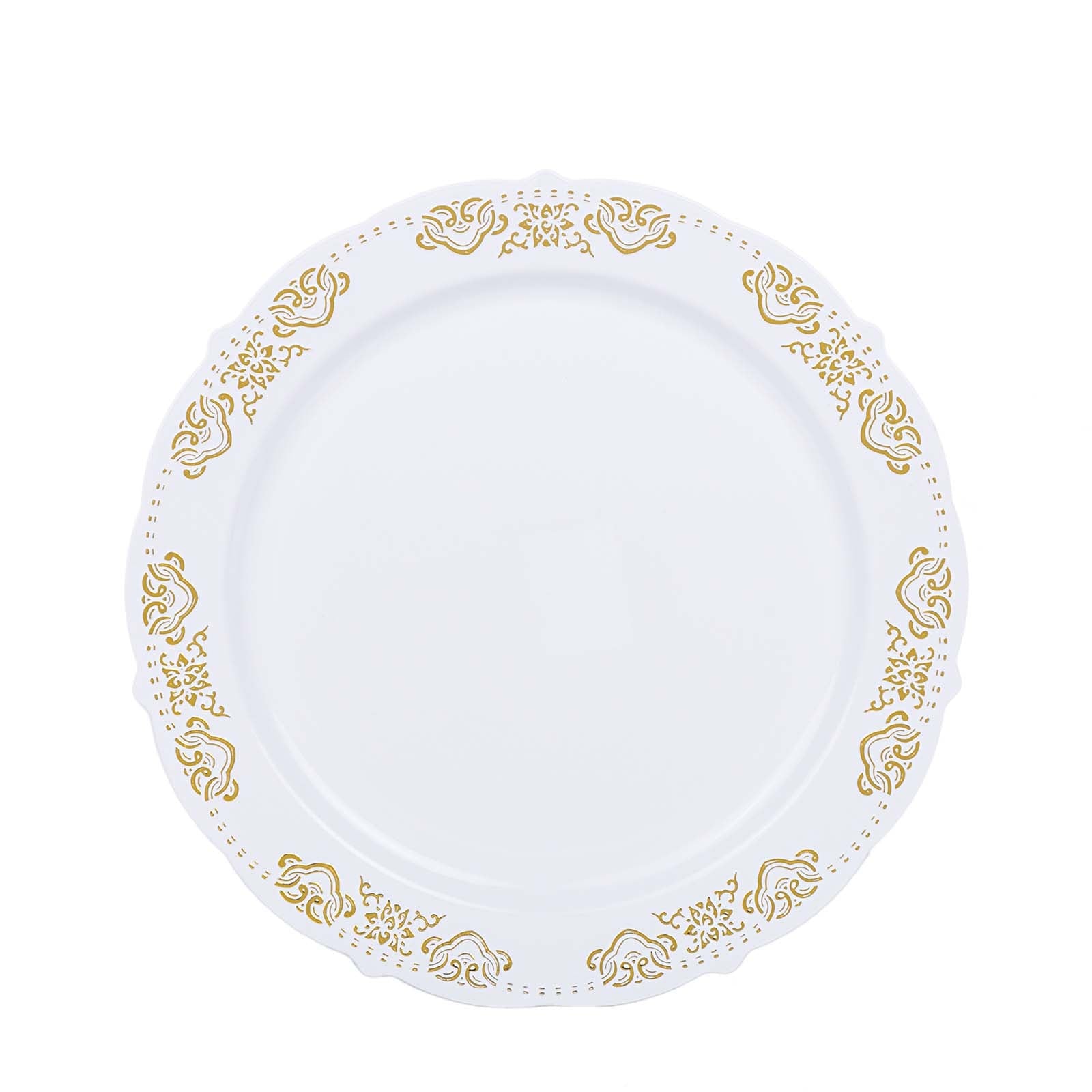 Gold embossed round plastic dinner plate with scalloped edges.