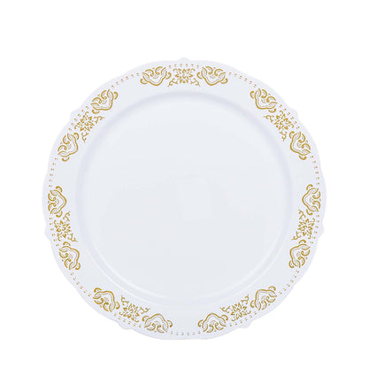 Gold embossed round plastic dinner plate with scalloped edges.