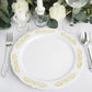 Gold embossed white plastic dinner plate with scalloped edges.