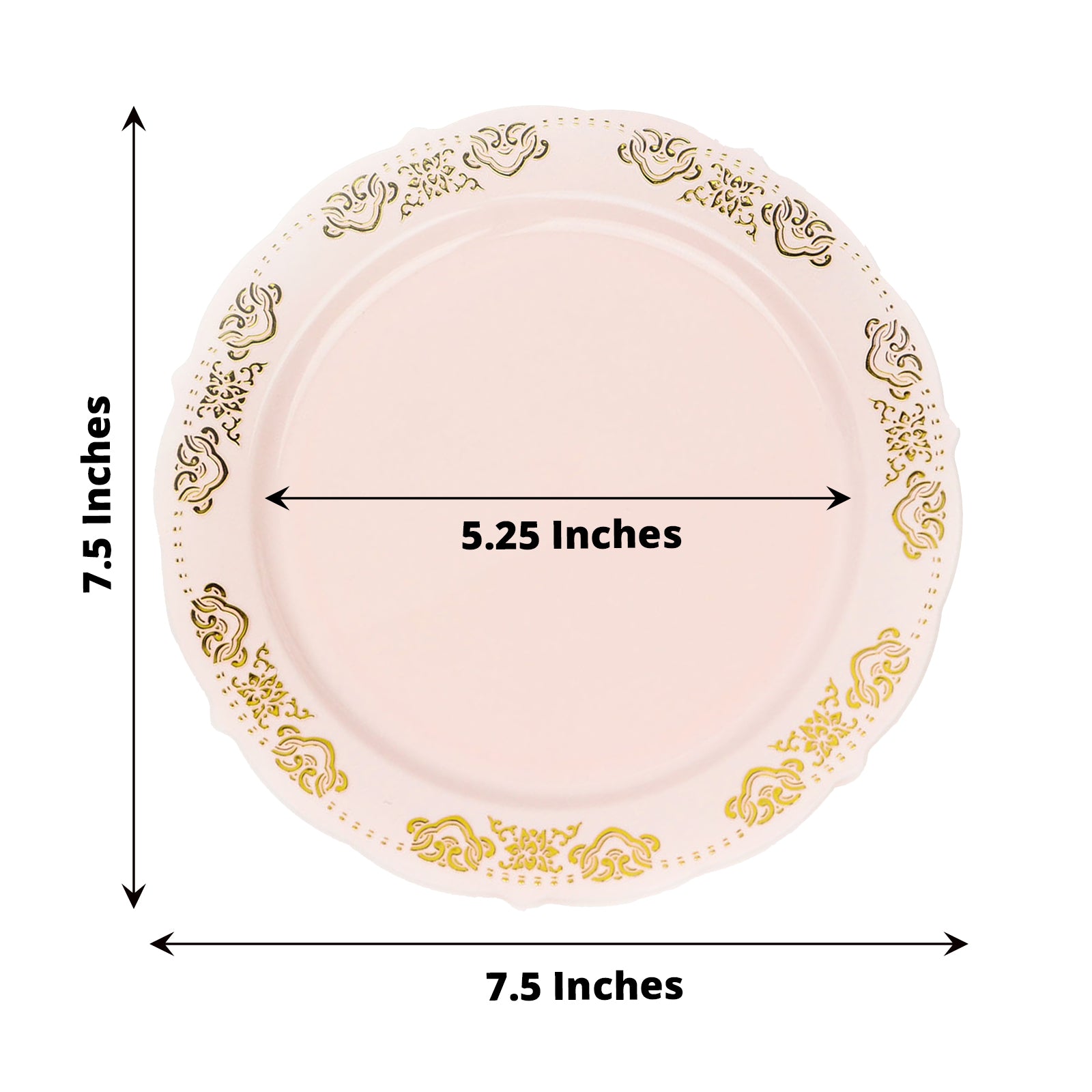Gold embossed blush plastic appetizer salad plate with scalloped edges, 7.5 inches.