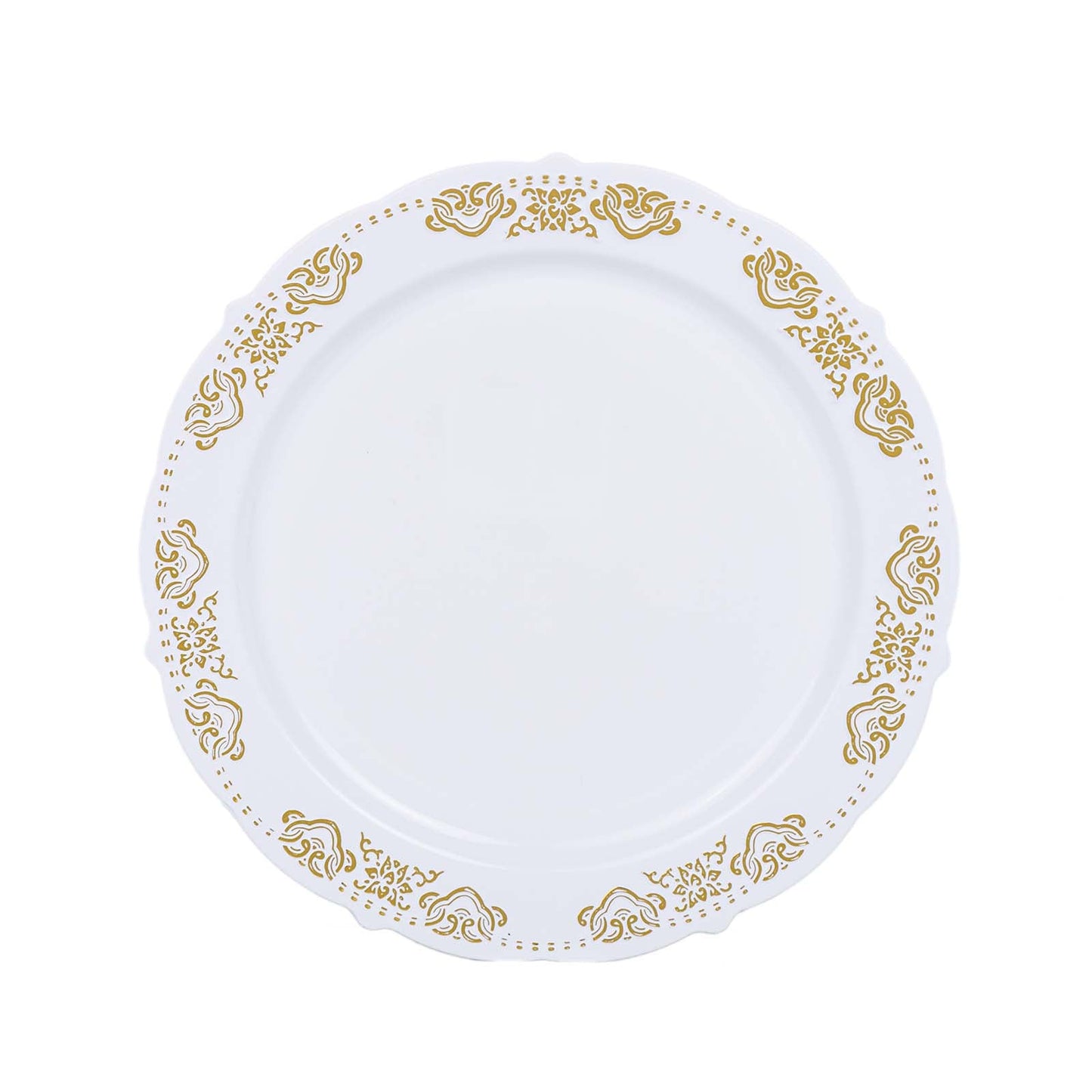 Gold Embossed 7.5Inch Plastic Appetizer Salad Plates, Round White/Gold With Scalloped Edges#whtbkgd