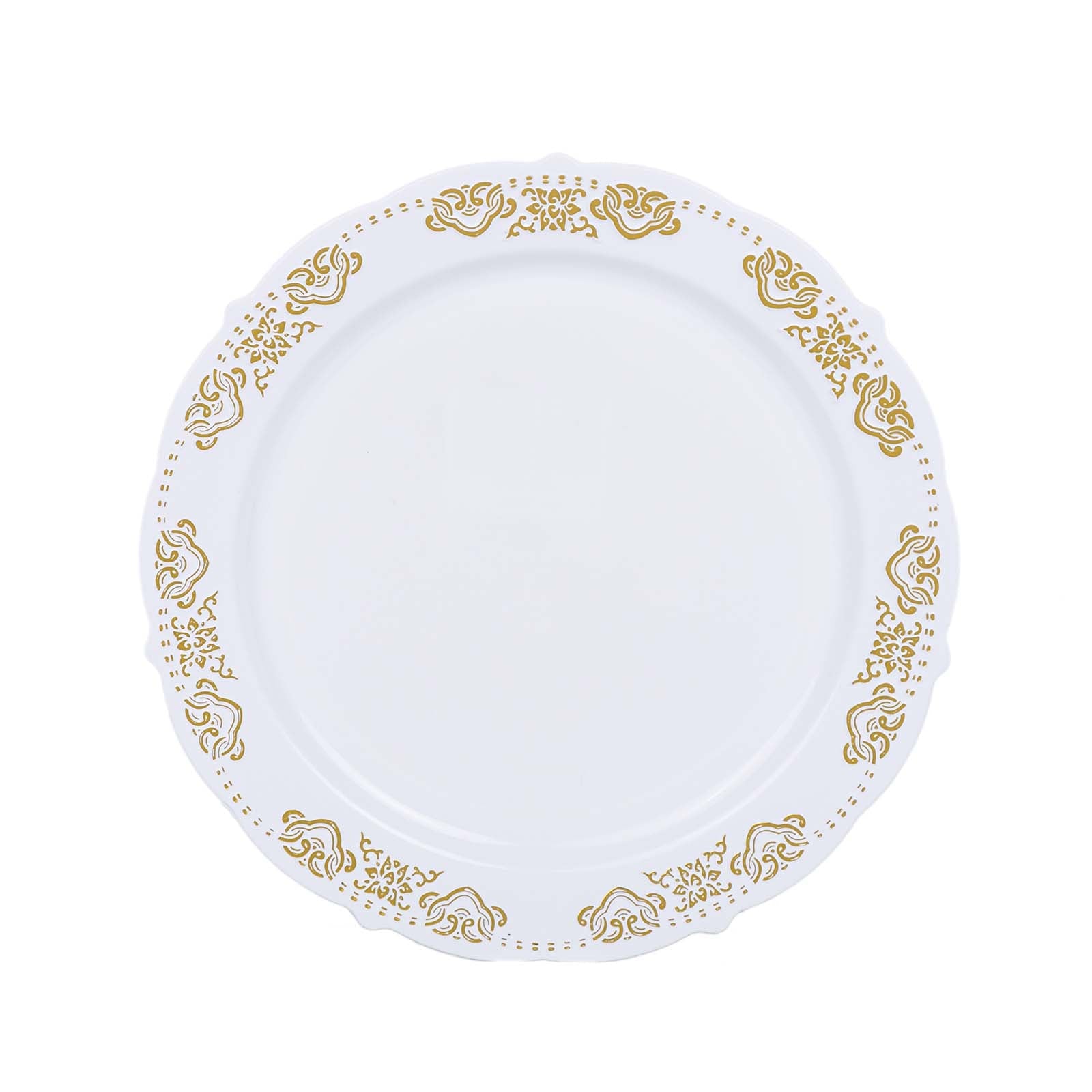 Gold Embossed 7.5Inch Plastic Appetizer Salad Plates, Round White/Gold With Scalloped Edges#whtbkgd