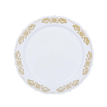 Gold Embossed 7.5Inch Plastic Appetizer Salad Plates, Round White/Gold With Scalloped Edges#whtbkgd