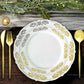 10 Pack | Gold Embossed 7.5" Plastic Appetizer Salad Plates, Round White/Gold With Scalloped Edges
