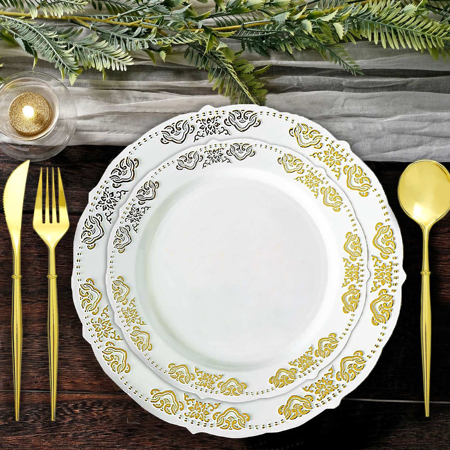 10 Pack | Gold Embossed 7.5" Plastic Appetizer Salad Plates, Round White/Gold With Scalloped Edges
