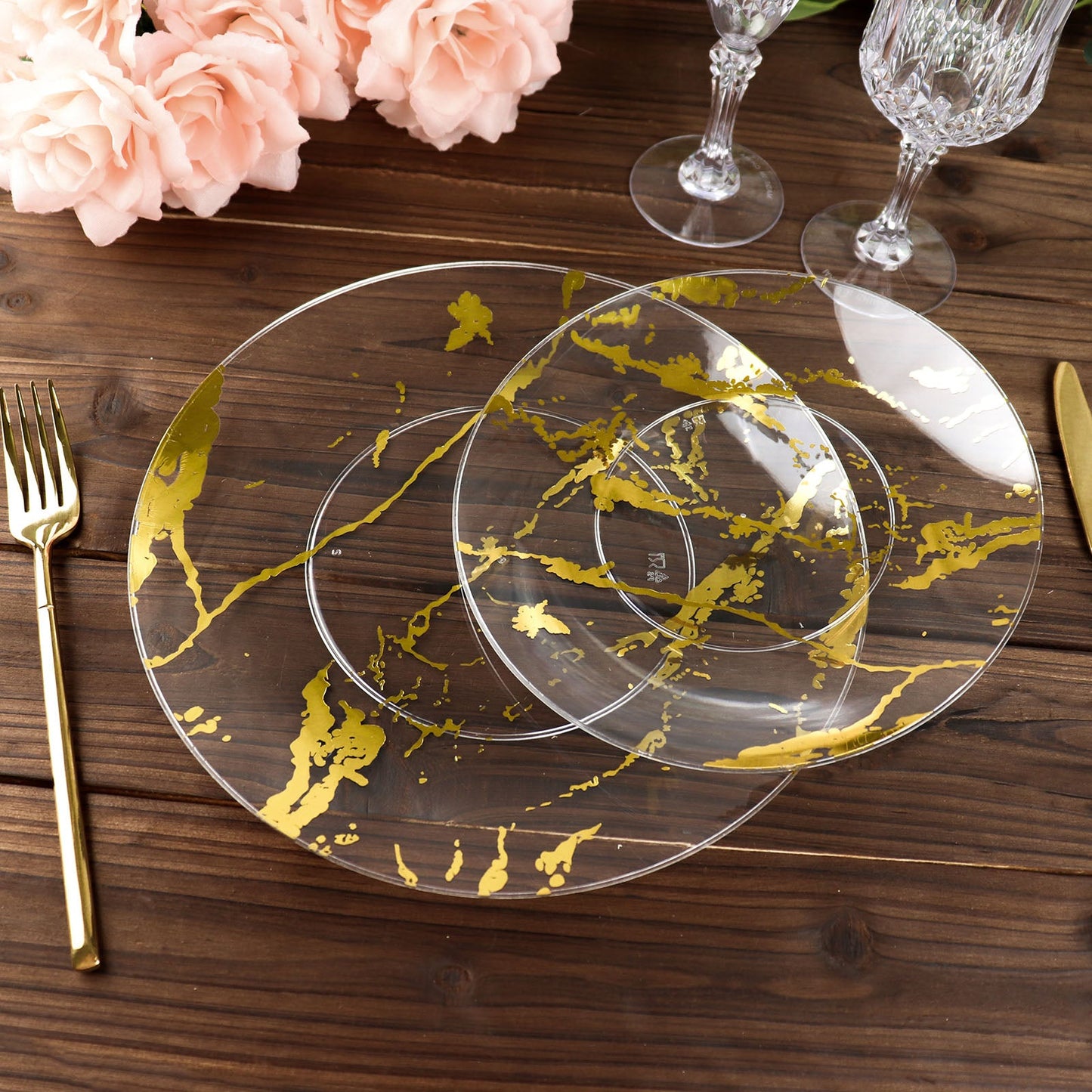 8" Gold and Clear Marble Plastic Appetizer Salad Plates, pack of 10.