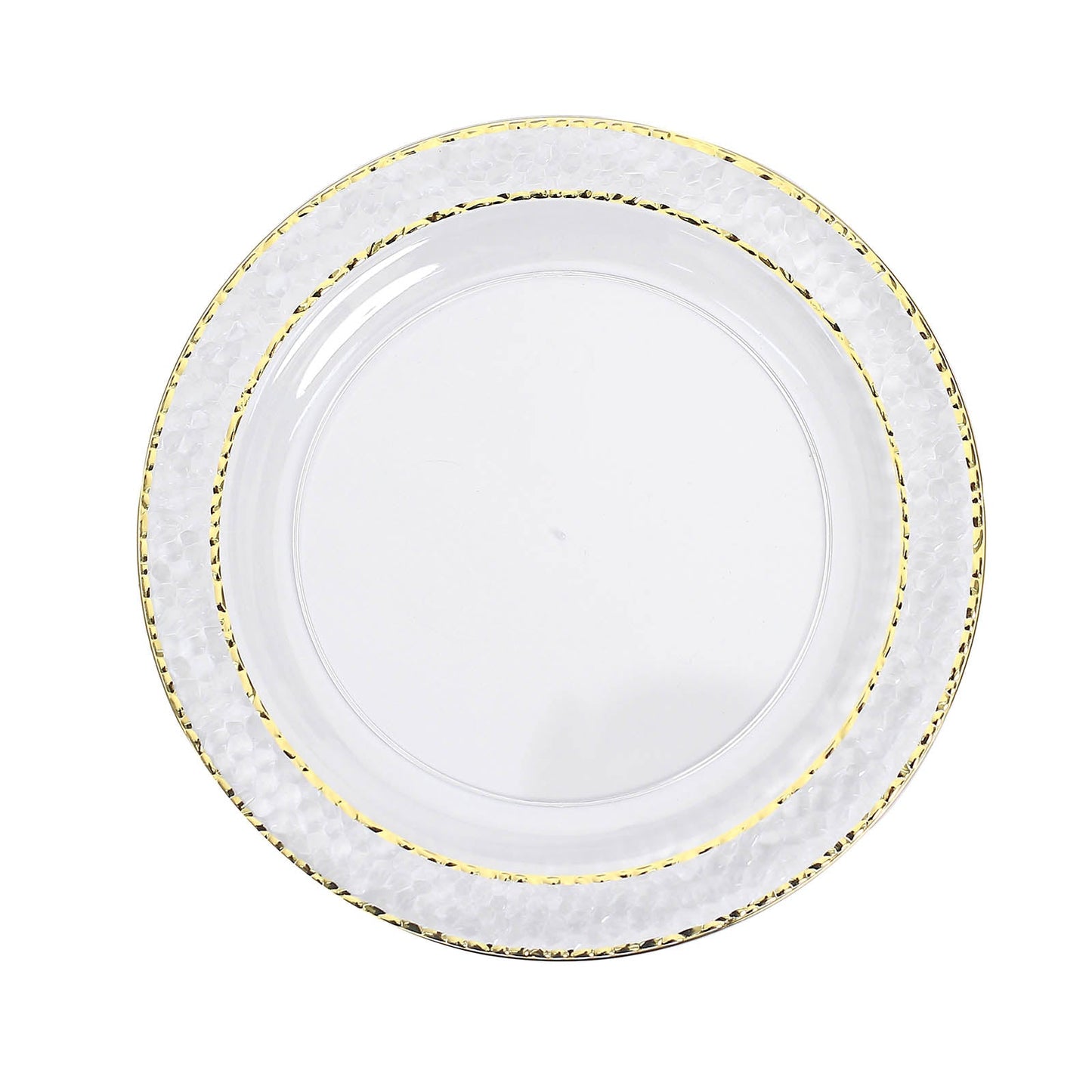 10 Pack | 10inch Clear Hammered Design Plastic Dinner Plates With Gold Rim