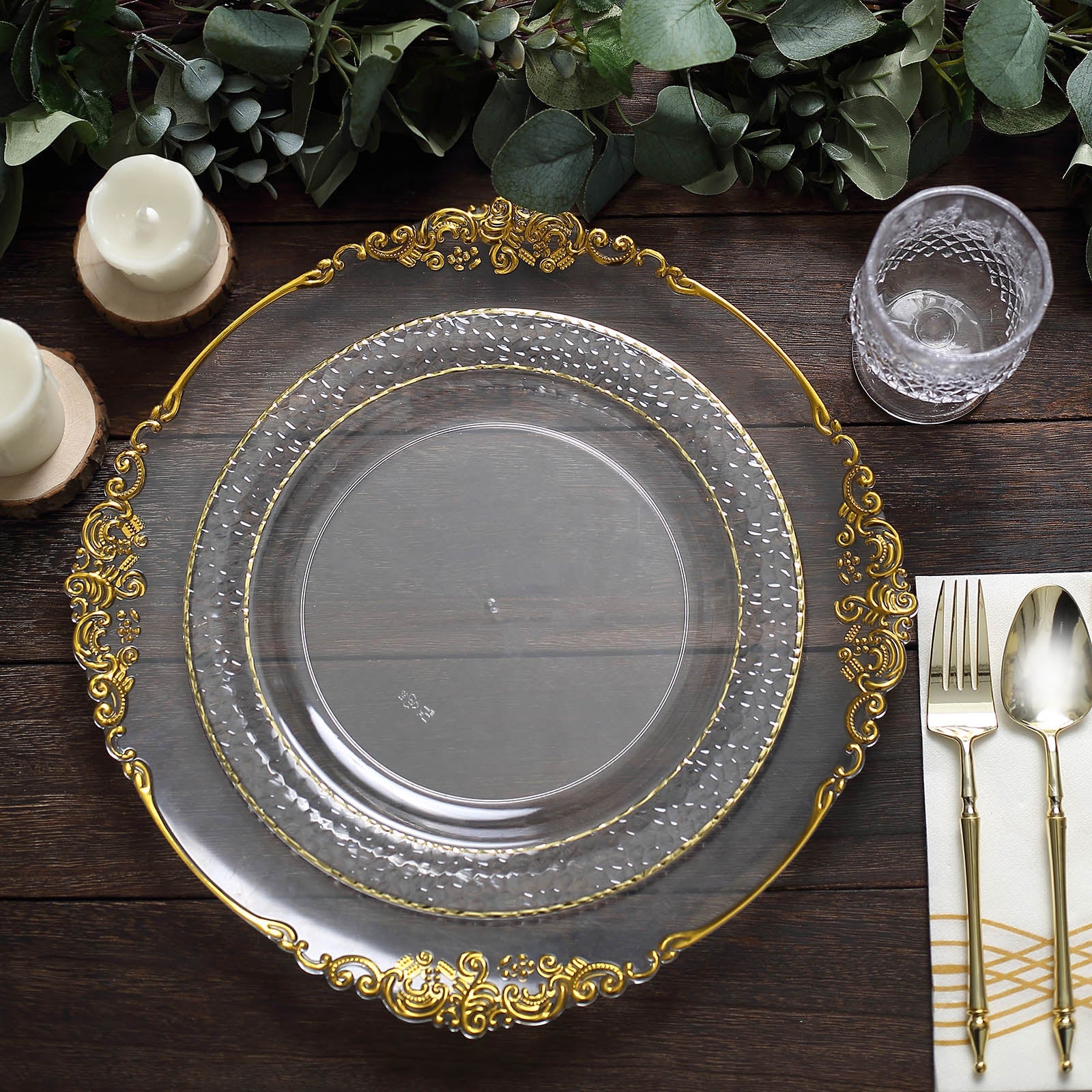 10 Pack | 10inch Clear Hammered Design Plastic Dinner Plates With Gold Rim
