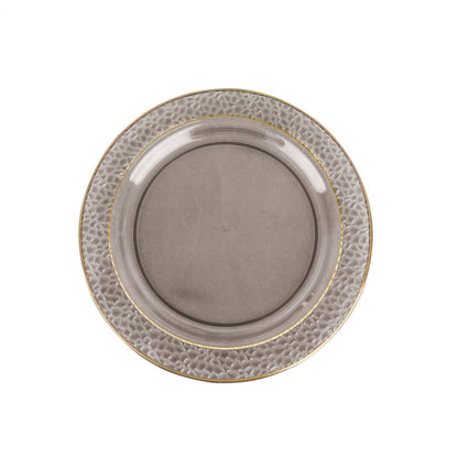 7.5 Inch Plastic Opaque Black with Hammered Design Dessert Plates and Gold Rim 10 Pack