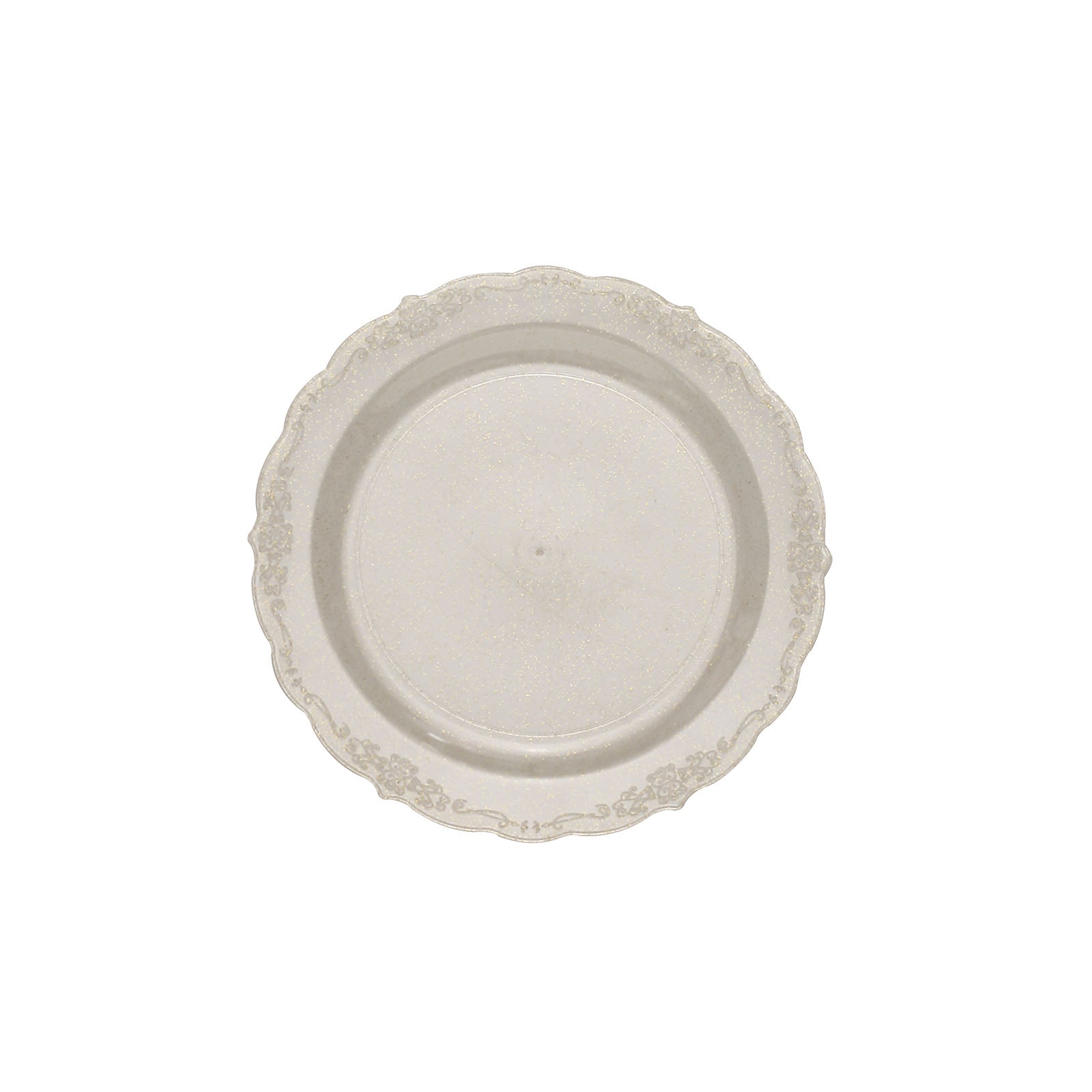 7 Inch Round Dessert Plates Clear With Glitter Floral Edge 12 Pack#whtbkgd