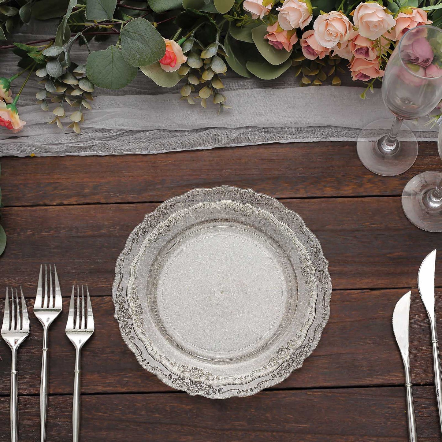 12 Pack | 7" Clear Gold Glittered Premium Plastic Dessert Salad Plates, Disposable Plates With Floral Rim Scalloped Edges