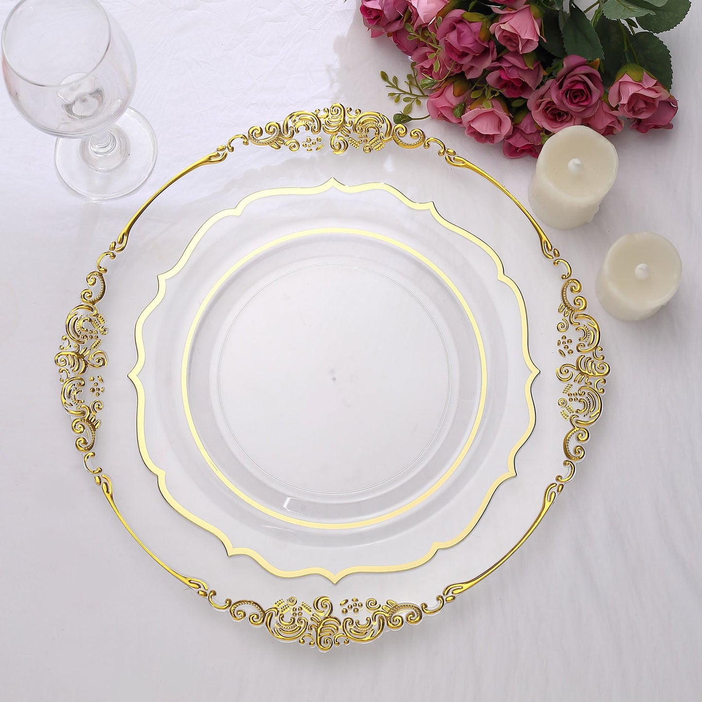 10 Pack Clear Plastic Plates with Scalloped Gold Rim