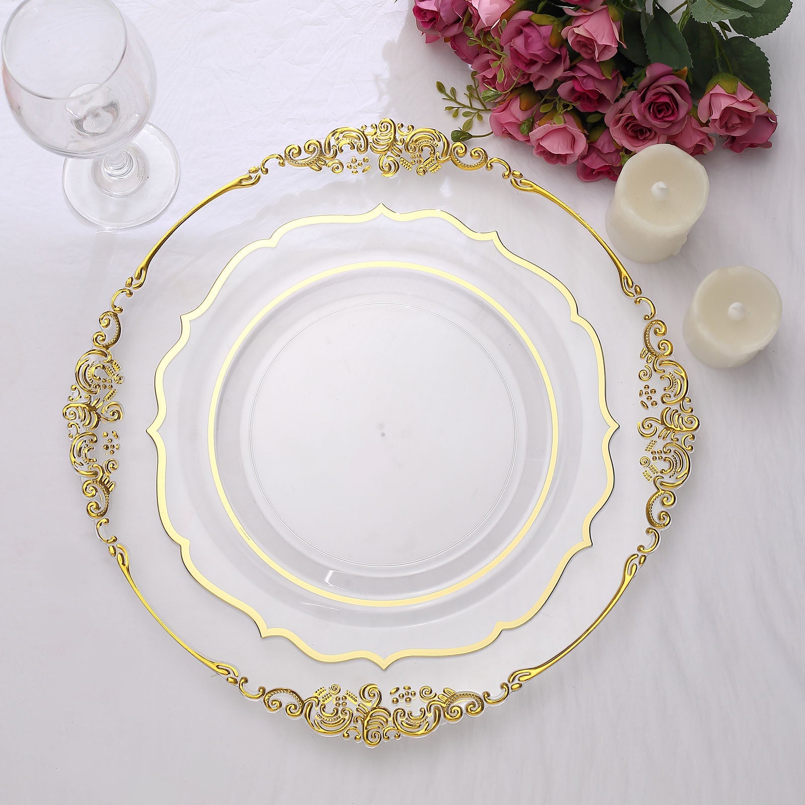 10 Pack Clear Plastic Plates with Scalloped Gold Rim