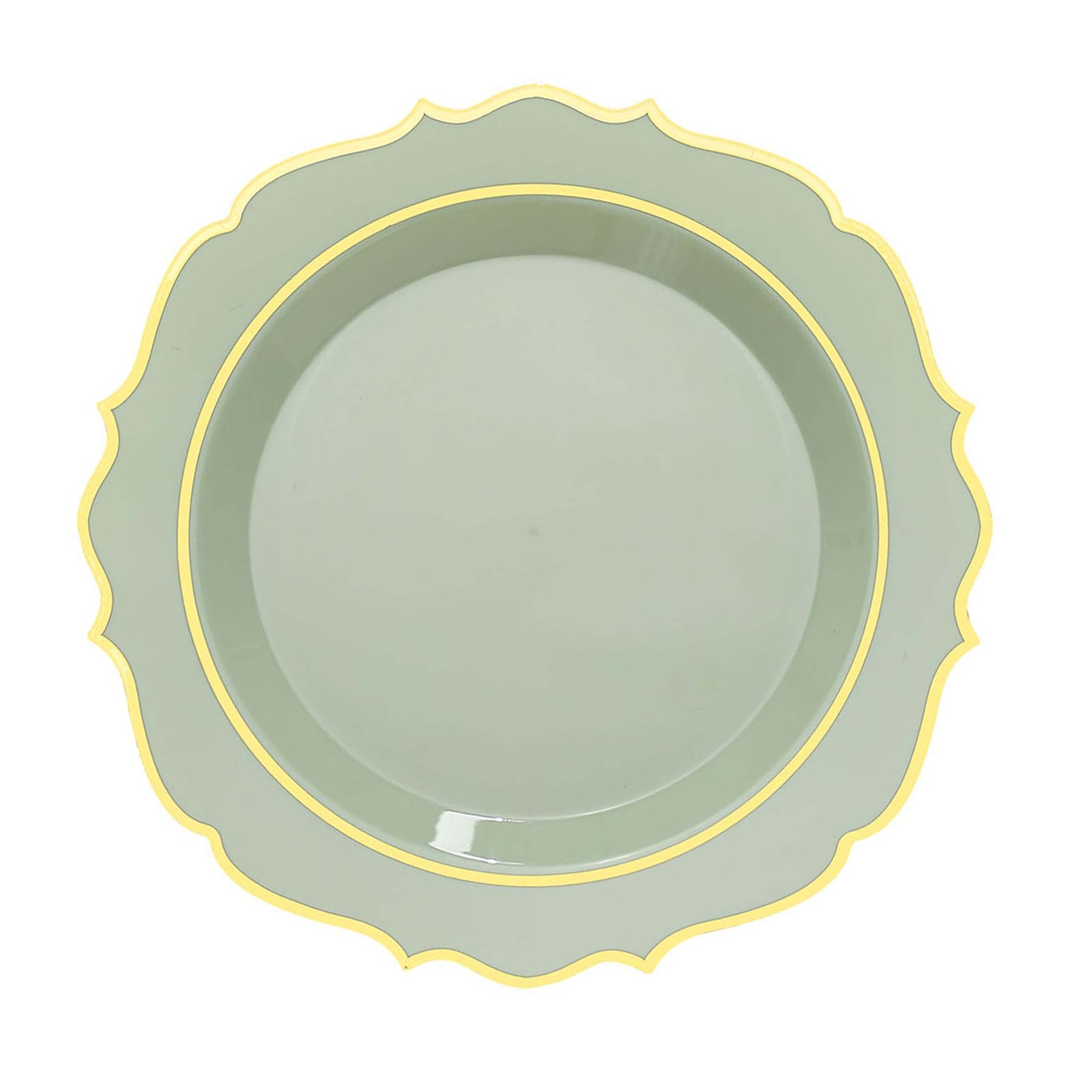 Pack Of 10 Disposable Sage Green Plates 10 Inch, Gold Scalloped Rim#whtbkgd