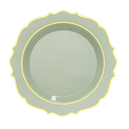 Pack Of 10 Disposable Sage Green Plates 10 Inch, Gold Scalloped Rim#whtbkgd