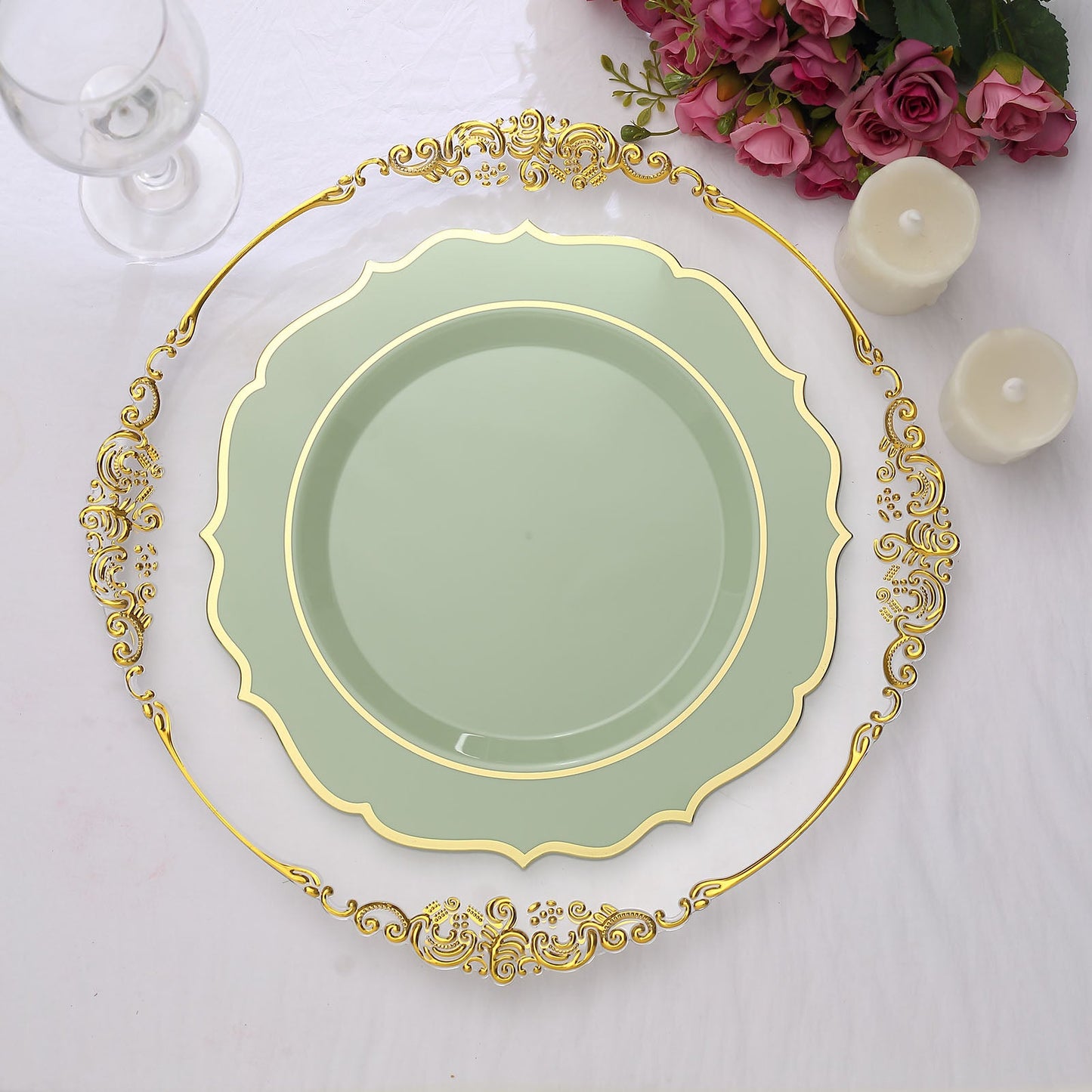 Disposable Sage Green Plates 10 Pack 10 Inch With Gold Scalloped Rim