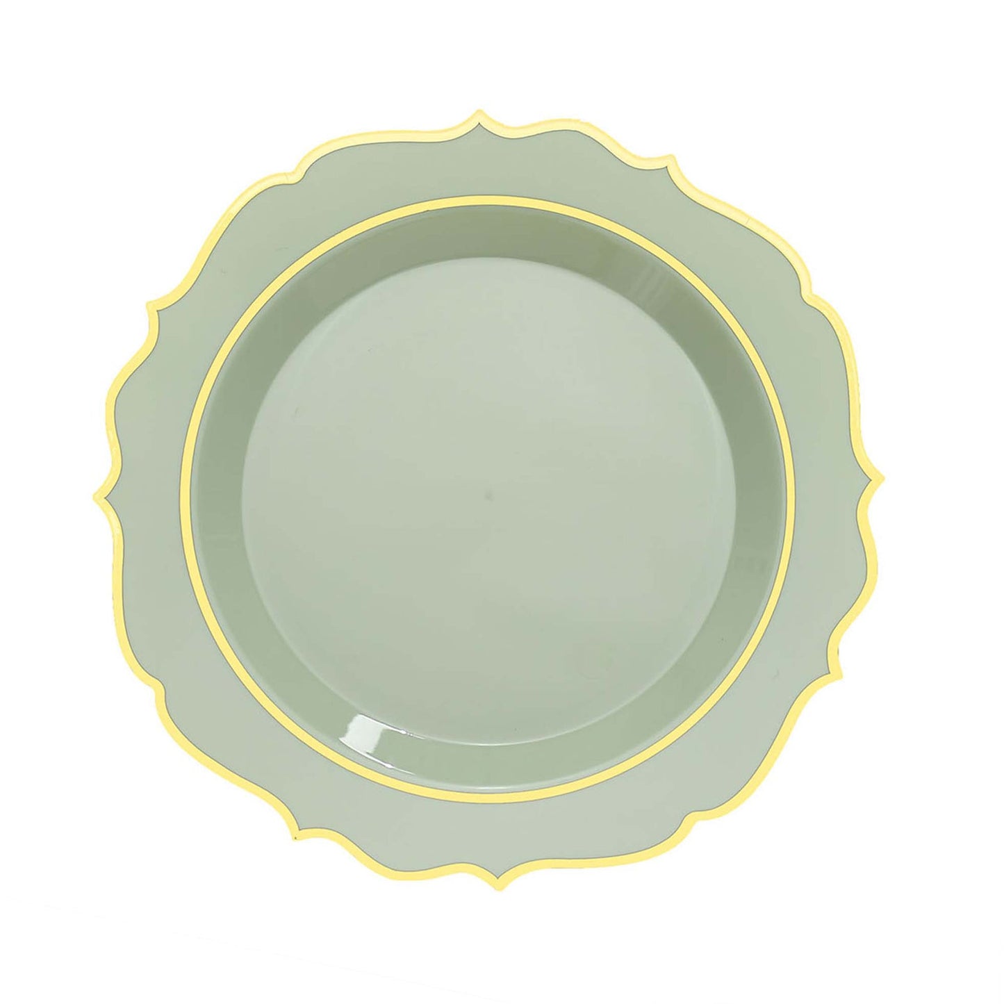 8 Inch Round Sage Green Disposable Plates with Gold Scallops#whtbkgd