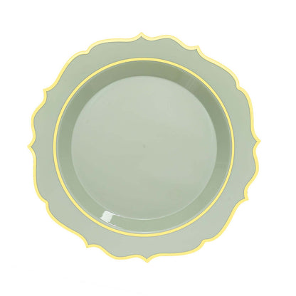 8 Inch Round Sage Green Disposable Plates with Gold Scallops#whtbkgd