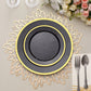 7" Regal Black and Gold Round Plastic Dessert Plates on a decorative charger.
