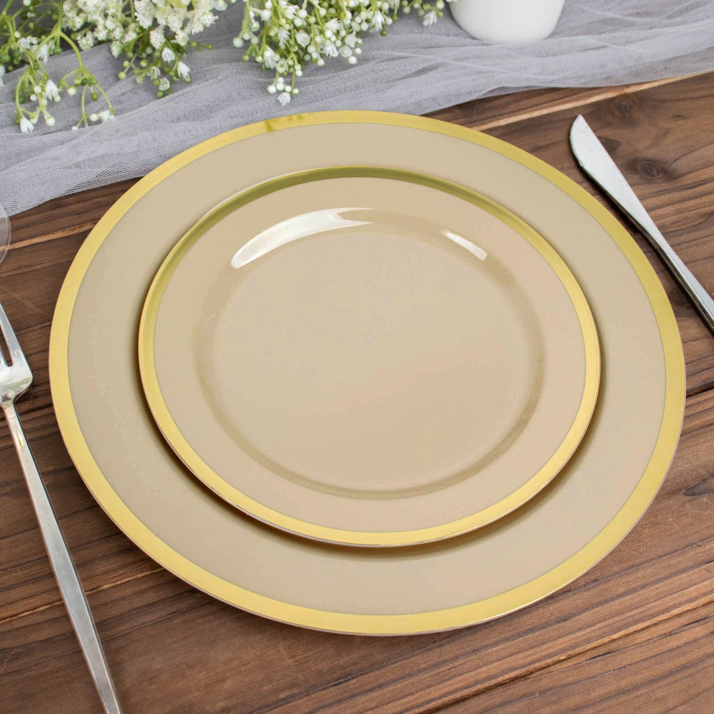 10 Pack | 7" Regal Taupe and Gold Round Plastic Dessert Plates, Disposable Appetizer Salad Plates