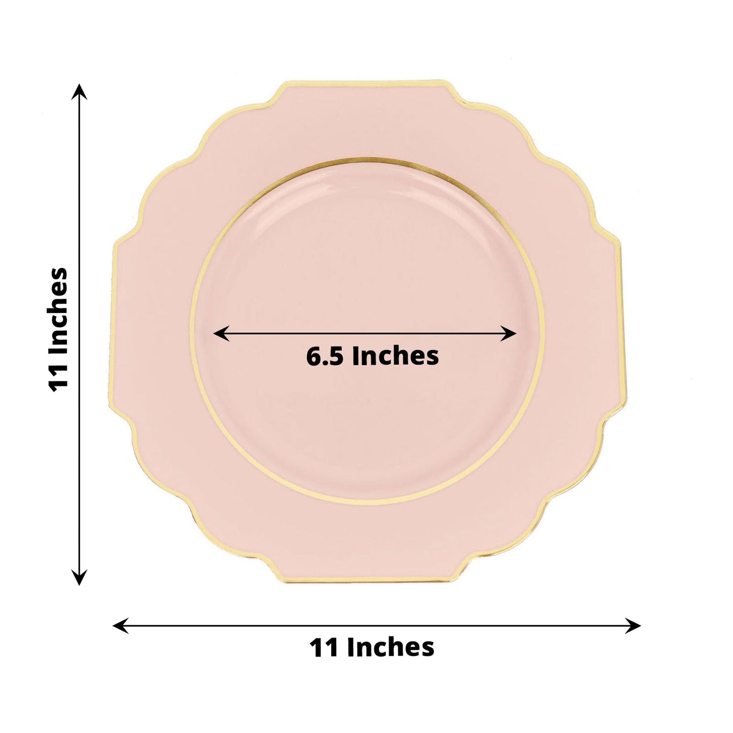 11 Inch Hard Plastic Disposable Blush & Rose Gold Baroque Heavy Duty Dinner Plates with Gold Rim 10 Pack