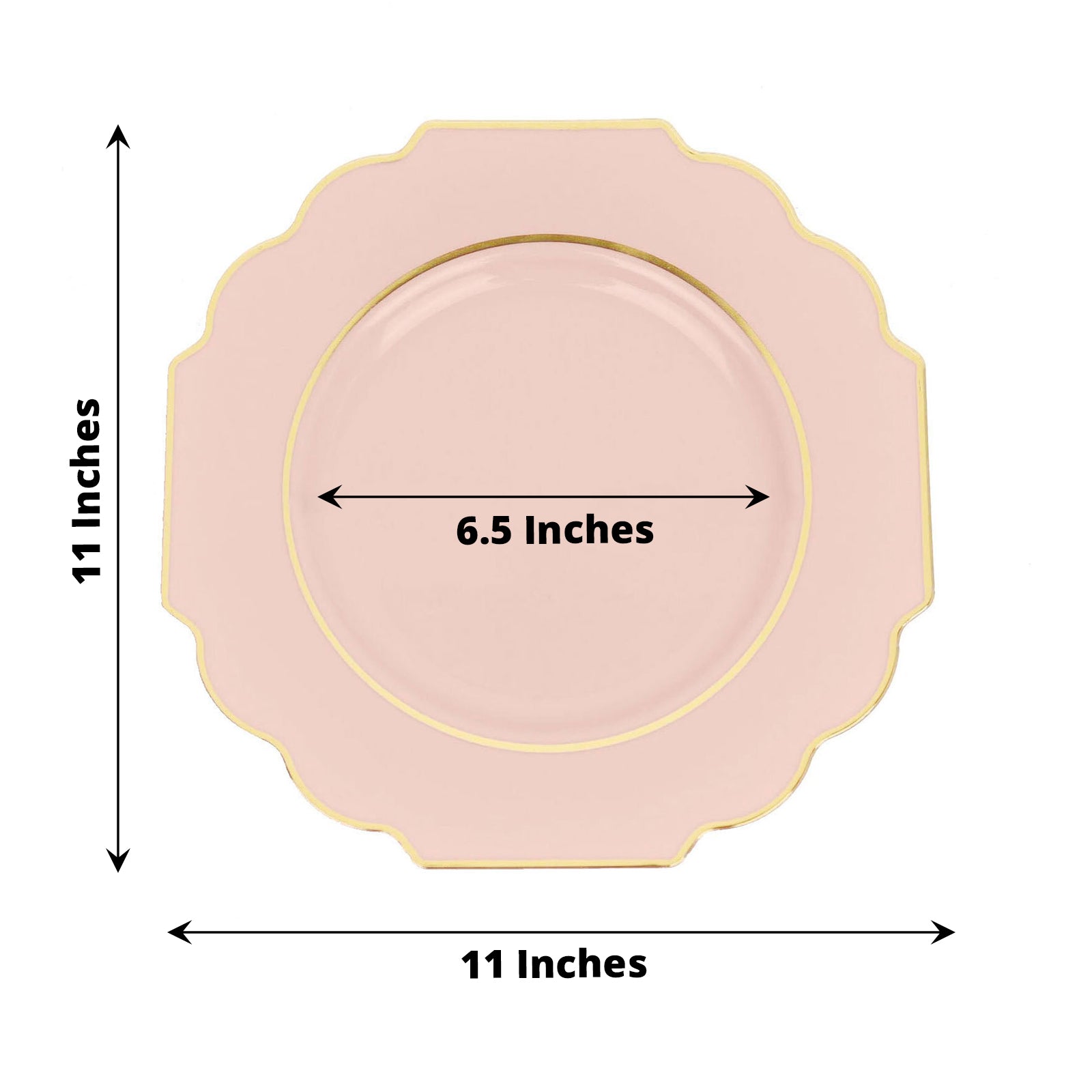 11 Inch Hard Plastic Disposable Blush & Rose Gold Baroque Heavy Duty Dinner Plates with Gold Rim 10 Pack
