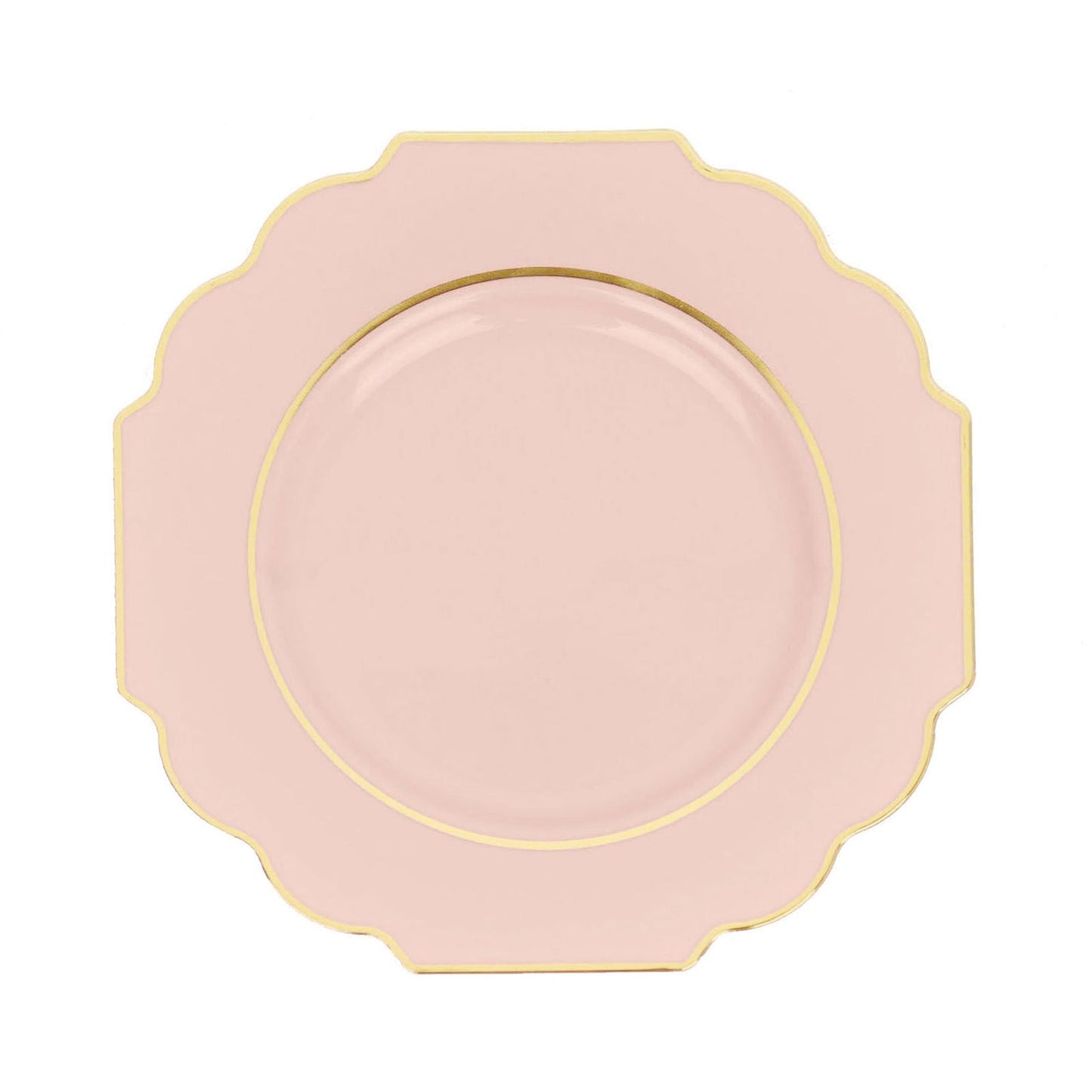11 Inch Hard Plastic Blush & Rose Gold Dinner Plates with Disposable Baroque Design Heavy Duty and Gold Rim 10 Pack#whtbkgd