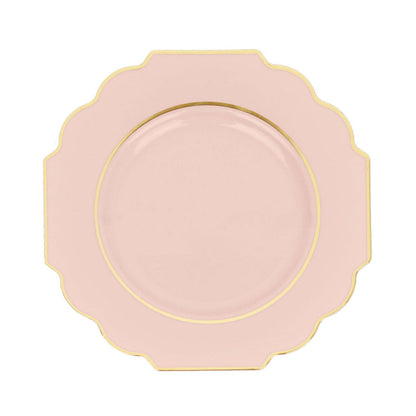 11 Inch Hard Plastic Blush & Rose Gold Dinner Plates with Disposable Baroque Design Heavy Duty and Gold Rim 10 Pack#whtbkgd
